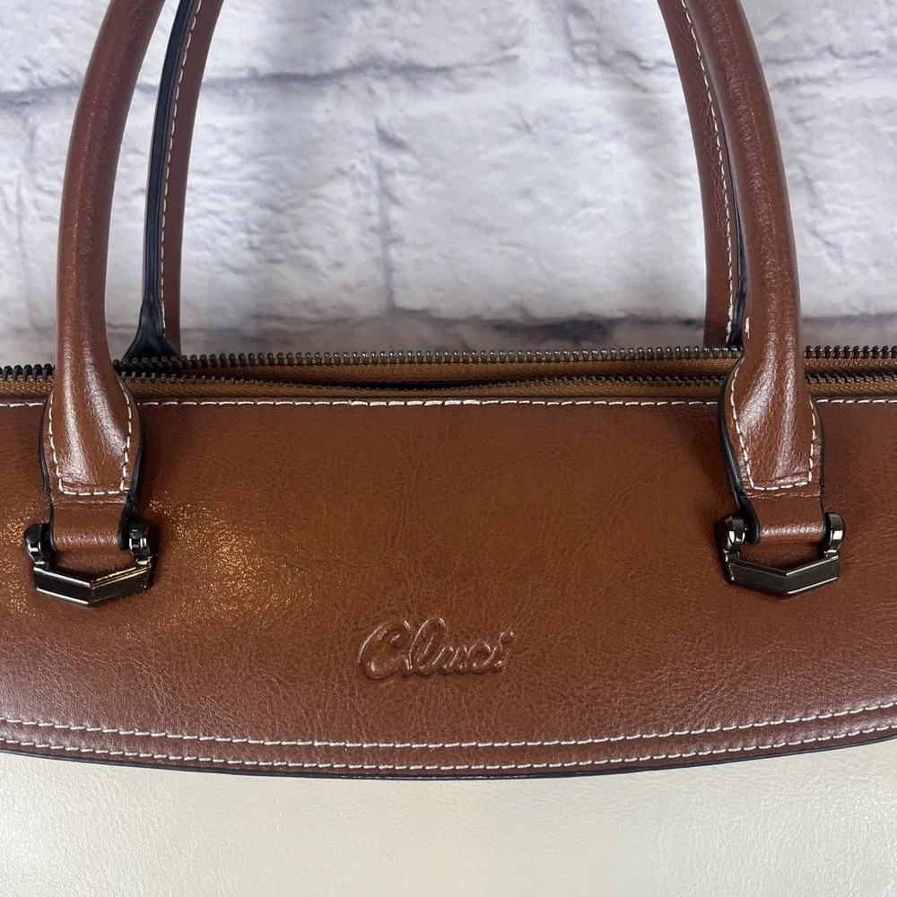 Cluci Leather Color Block Briefcase Laptop Work School Bag Fits 15.6 Laptop